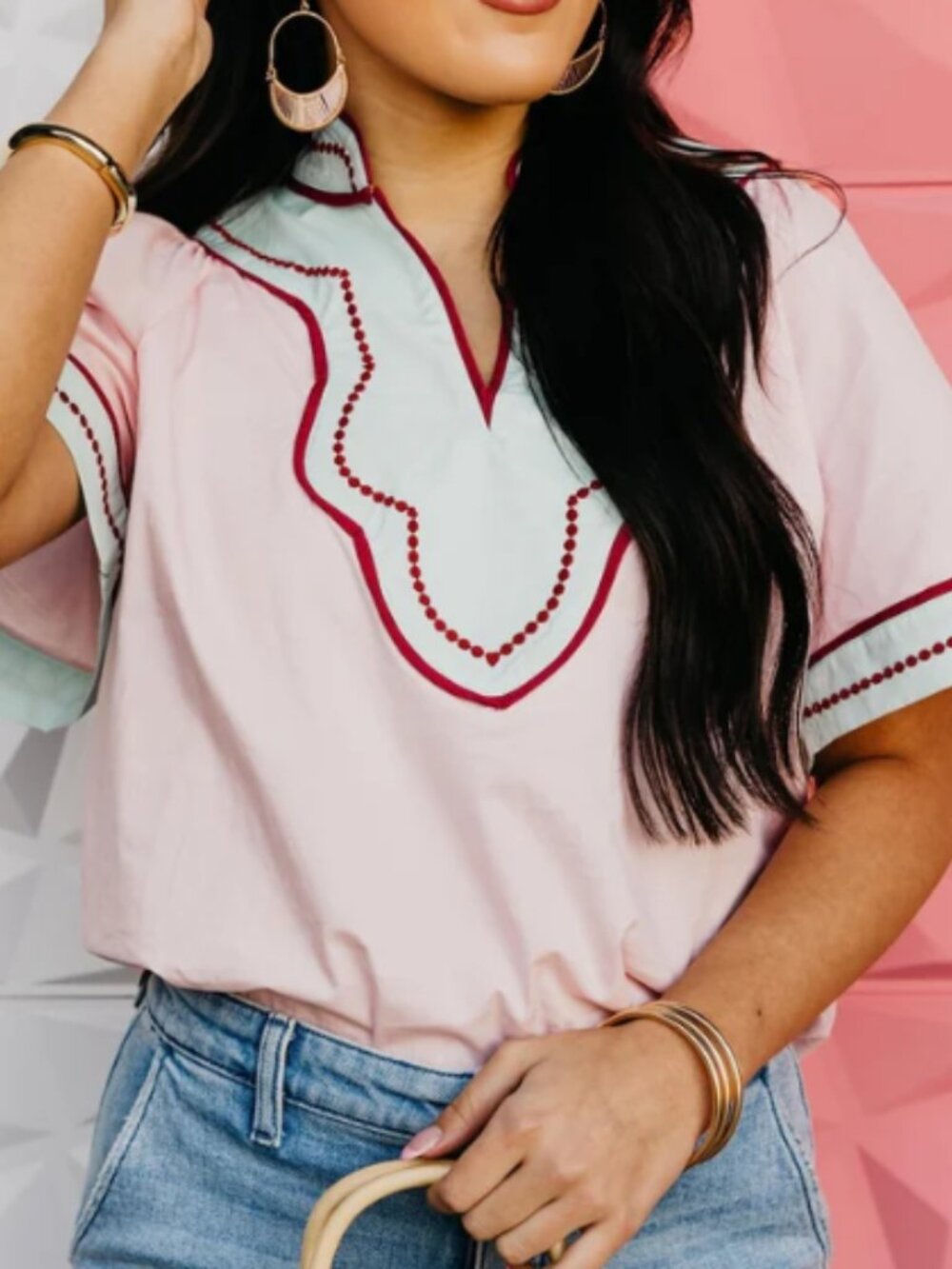 NWT Women's THML Light Pink Embroidered Contrast Trim Blouse Top - Small - Picture 2 of 6